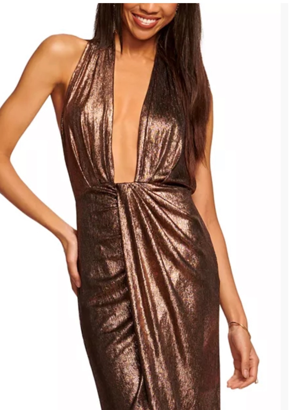 Ramy Brook • Mayberry Dress Size 6 NWT Metallic Bronze Plunge Halter Midi Dresse